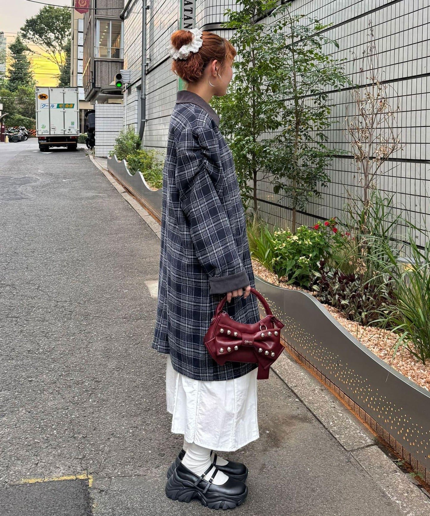 翻領燈芯絨格紋長款外套