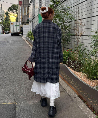 翻領燈芯絨格紋長款外套