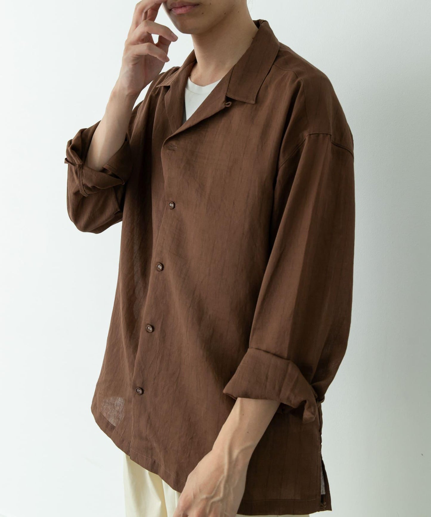 人造絲混紡條紋開領襯衫