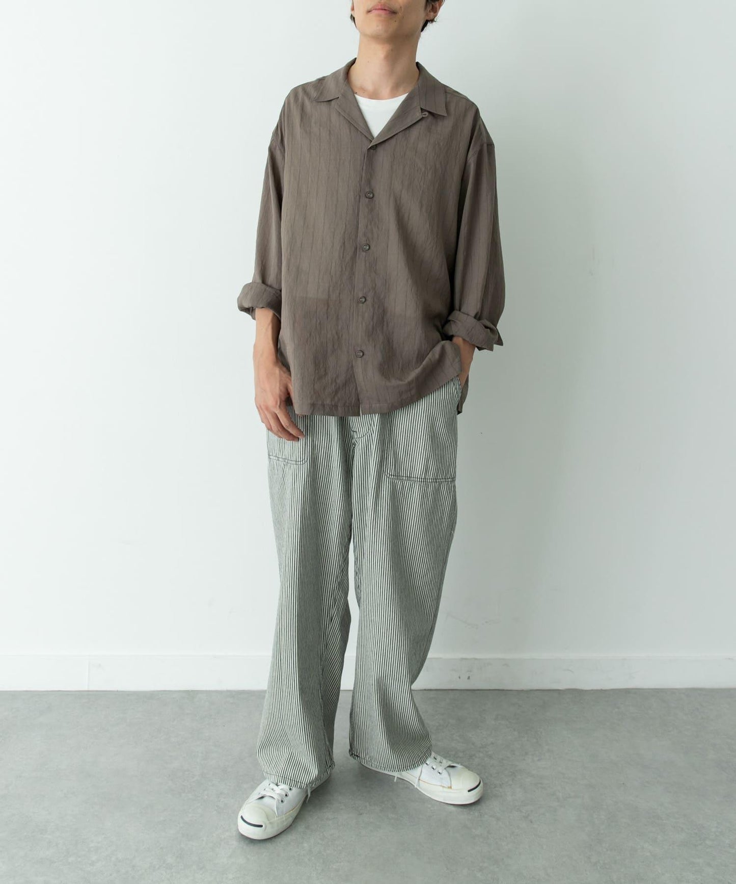 人造絲混紡條紋開領襯衫