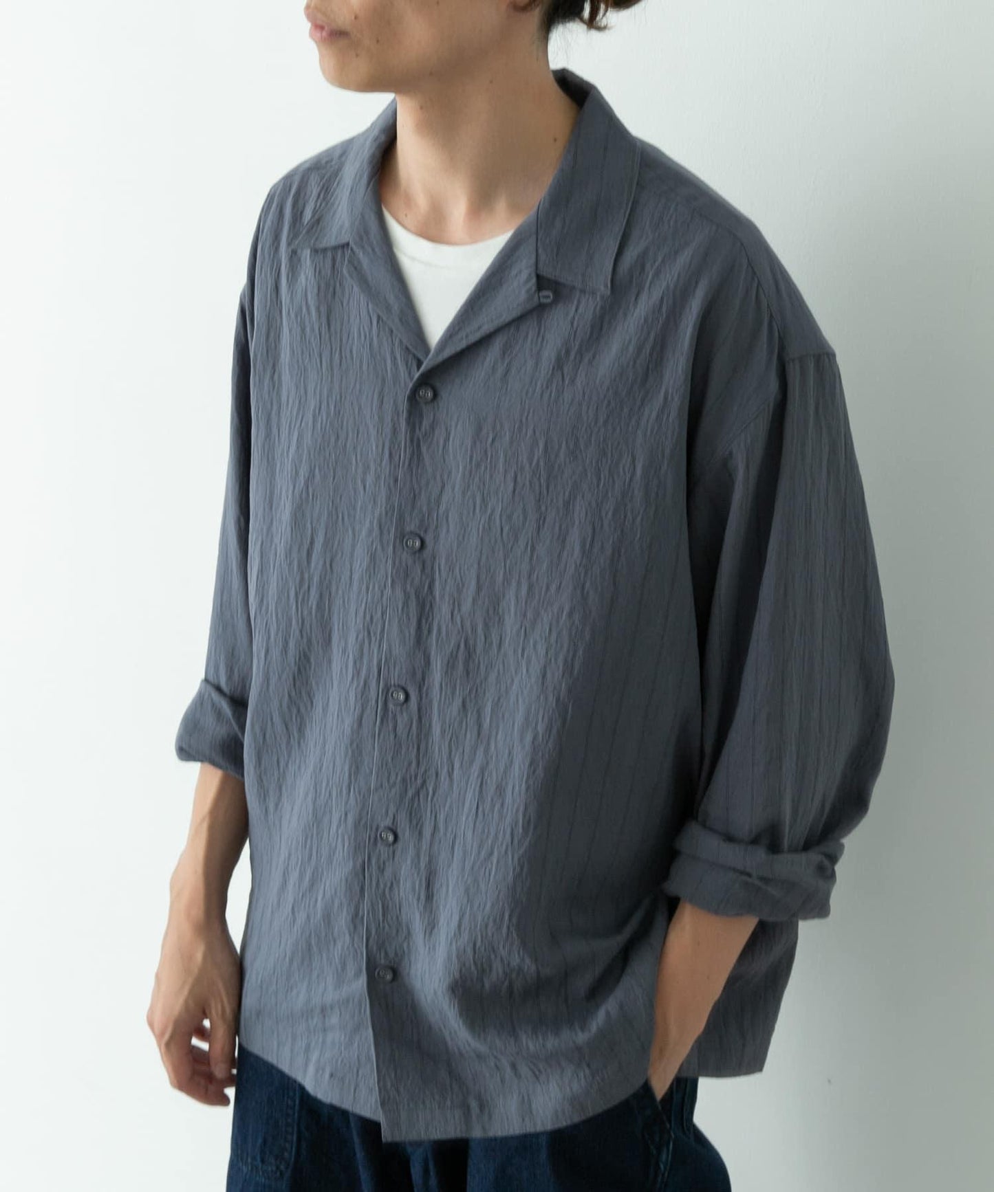 人造絲混紡條紋開領襯衫