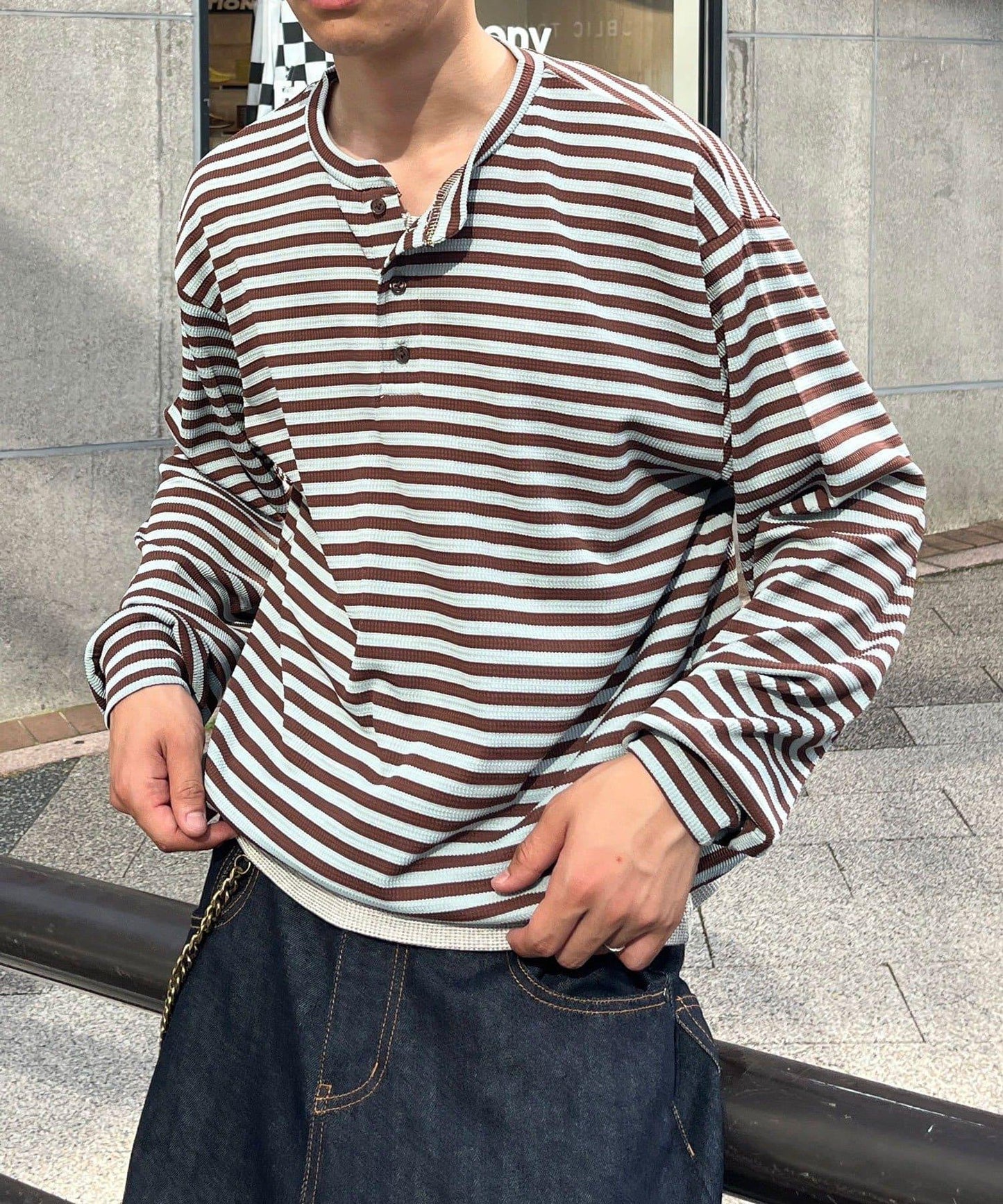 條紋華夫格亨利領長袖T恤