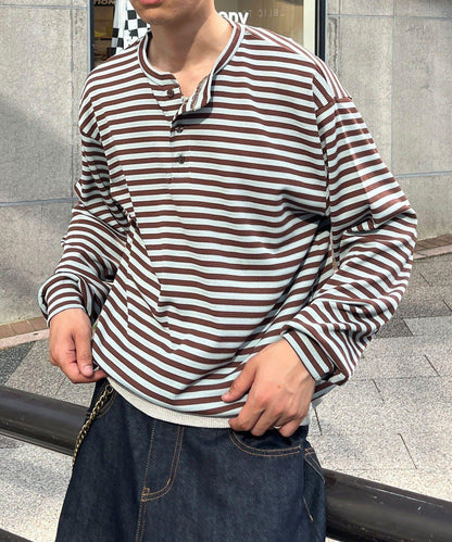 條紋華夫格亨利領長袖T恤