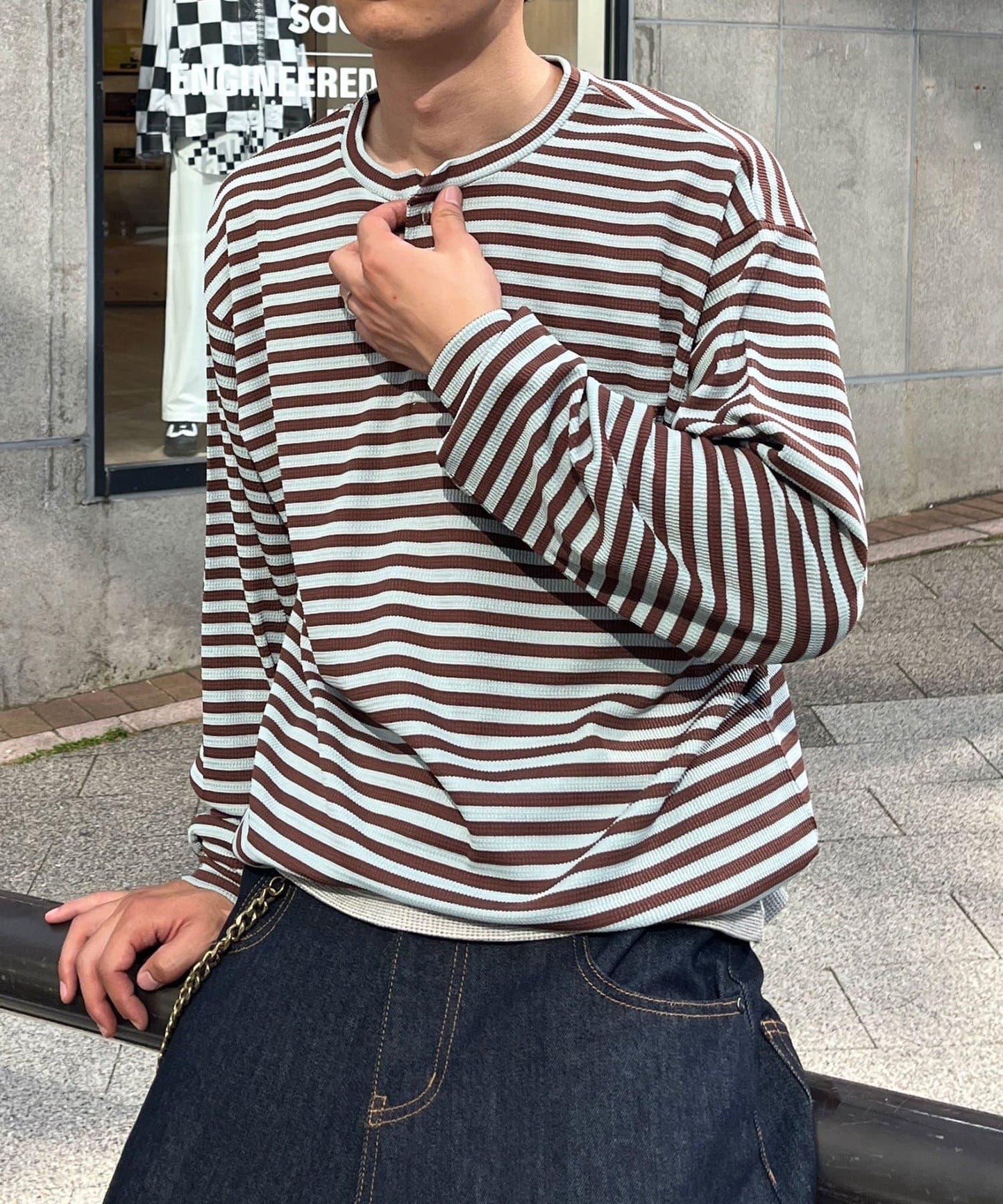 條紋華夫格亨利領長袖T恤