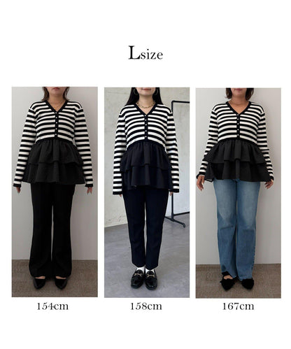 雙層荷葉邊拼接V領收腰下襬針織衫