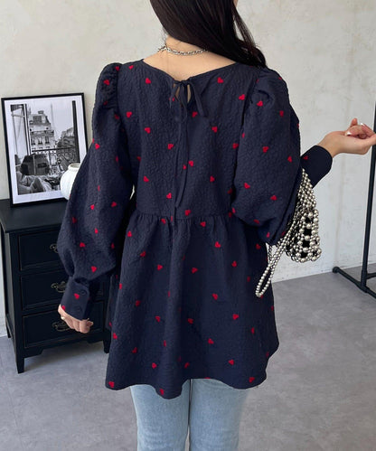 心形刺繡泡泡袖收腰襯衫
