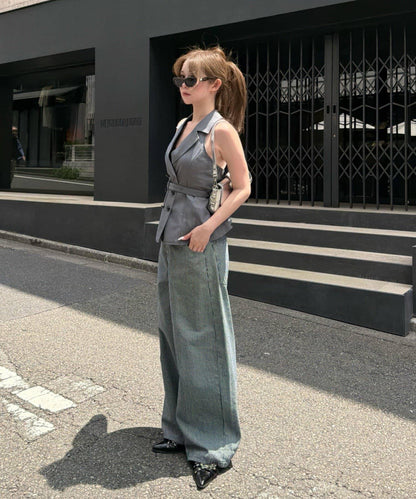 S・M尺碼 破洞翻邊闊腿牛仔褲