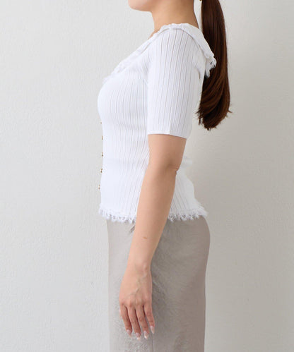 【La boutique BonBon】翻領蕾絲飾邊金釦針織衫