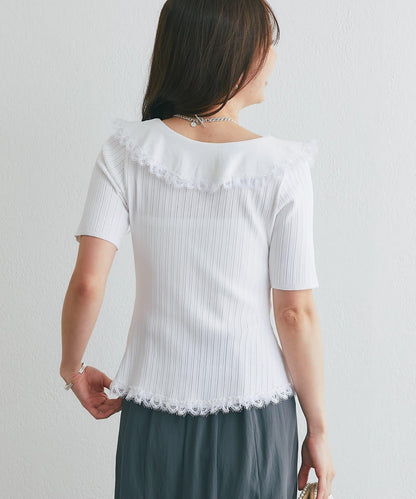 【La boutique BonBon】翻領蕾絲飾邊金釦針織衫