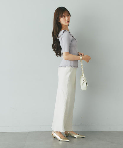 【La boutique BonBon】翻領蕾絲飾邊金釦針織衫