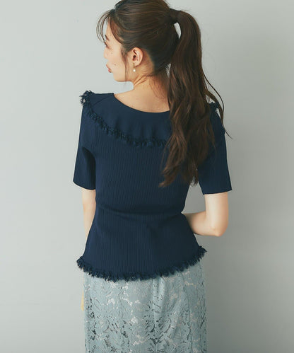 【La boutique BonBon】翻領蕾絲飾邊金釦針織衫