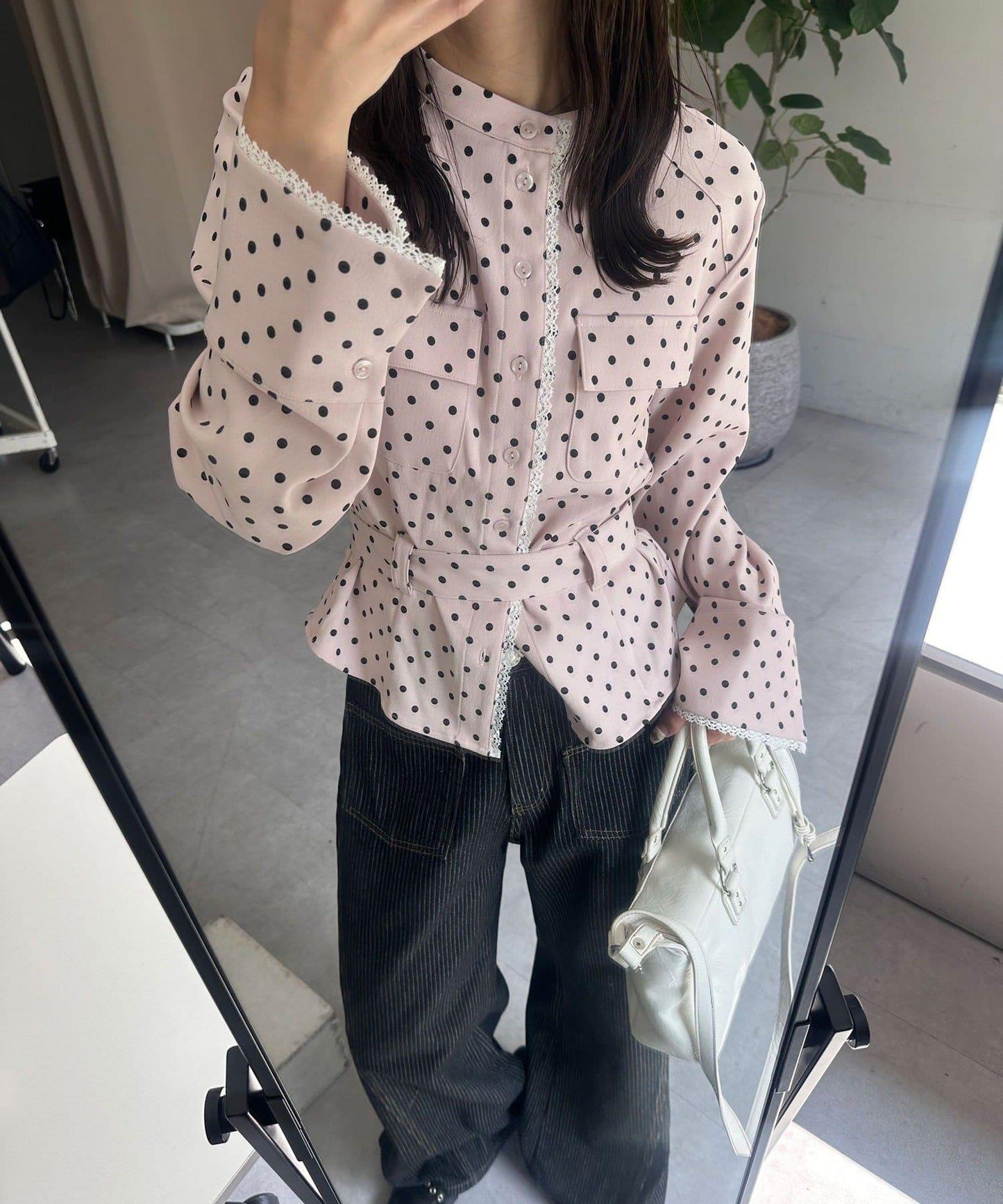 波點 立領 束腰 襯衫夾克