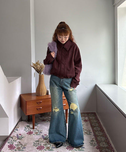 花朵刺繡麂皮夾克