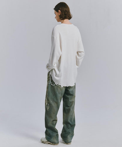 ANCELLM/アンセルム DAMAGE WAFFLE CREW LS/ANC-STD-CT02 華夫格圓領長袖T恤