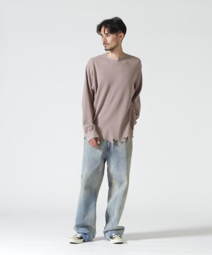 ANCELLM/アンセルム DAMAGE WAFFLE CREW LS/ANC-STD-CT02 華夫格圓領長袖T恤