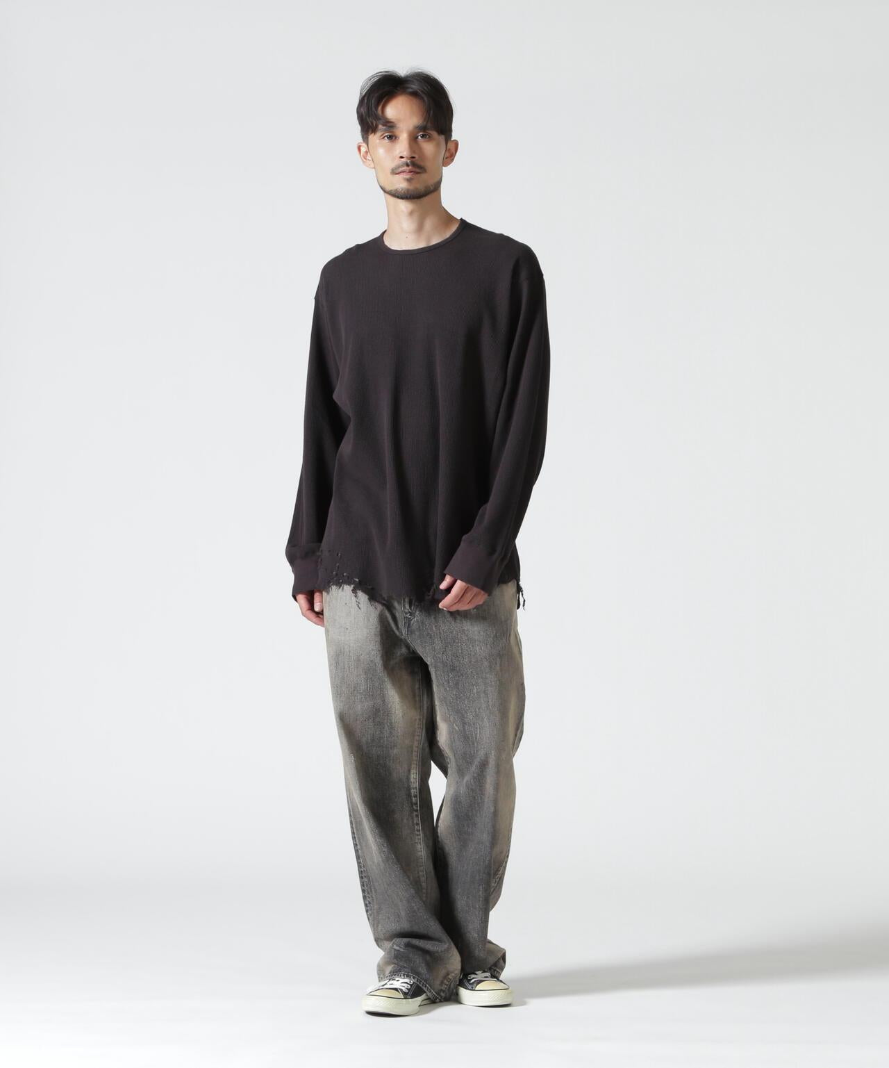 ANCELLM/アンセルム DAMAGE WAFFLE CREW LS/ANC-STD-CT02 華夫格圓領長袖T恤
