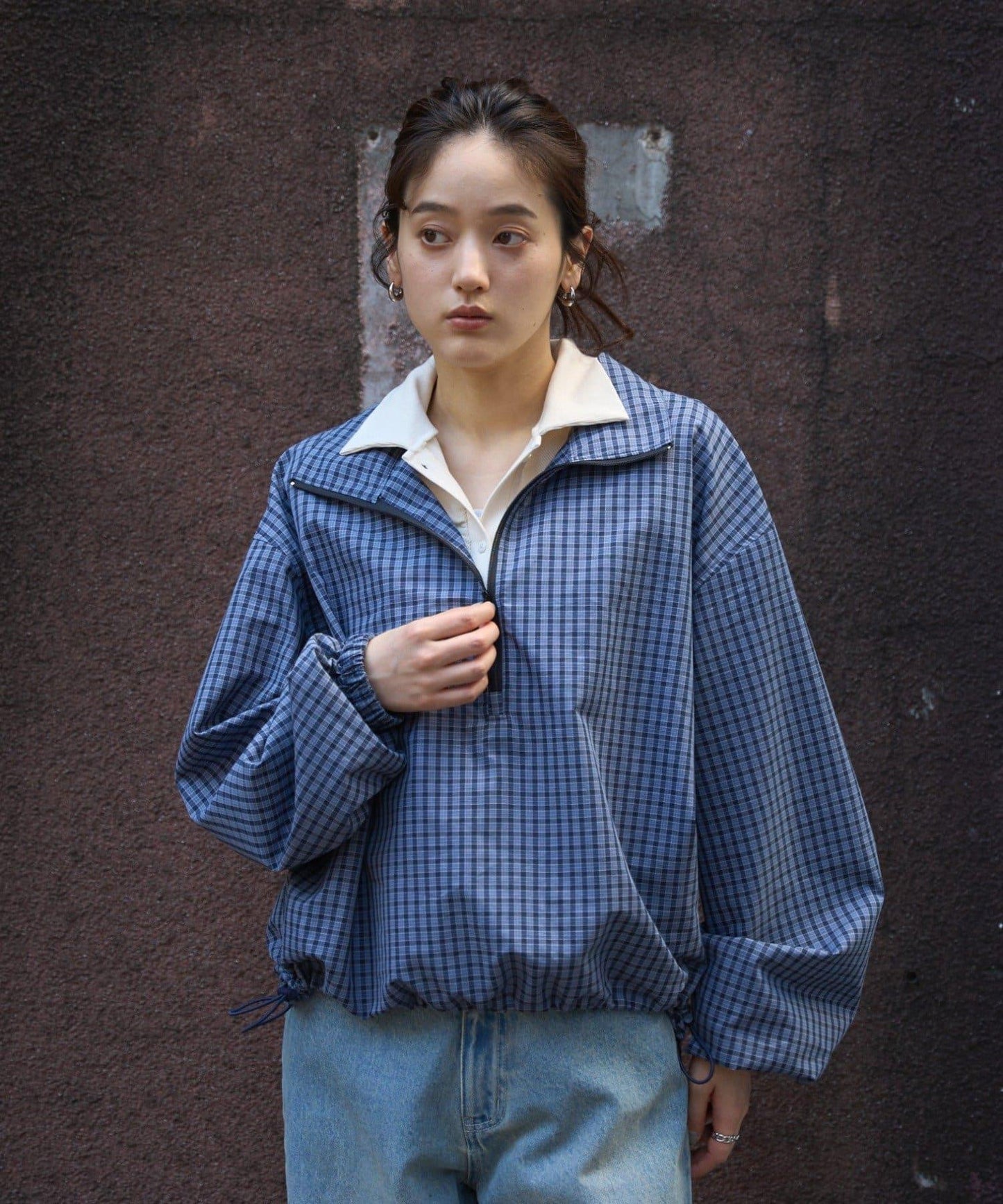 半拉鍊格紋襯衫
