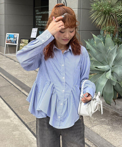 星形紐扣 波浪邊荷葉邊下襬襯衫