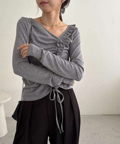 不對稱領荷葉邊抽繩T恤