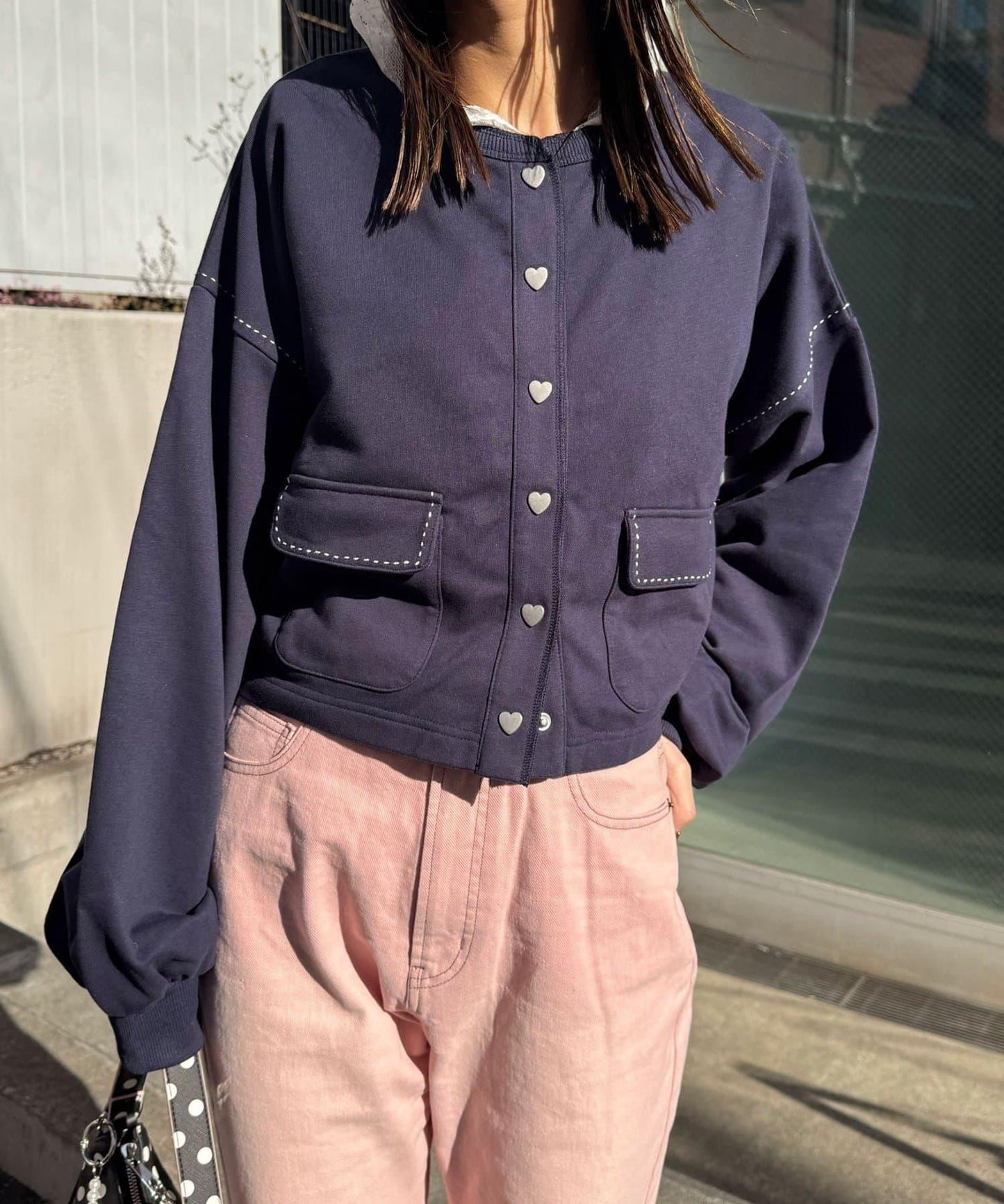 心形紐扣撞色明線衛衣開衫