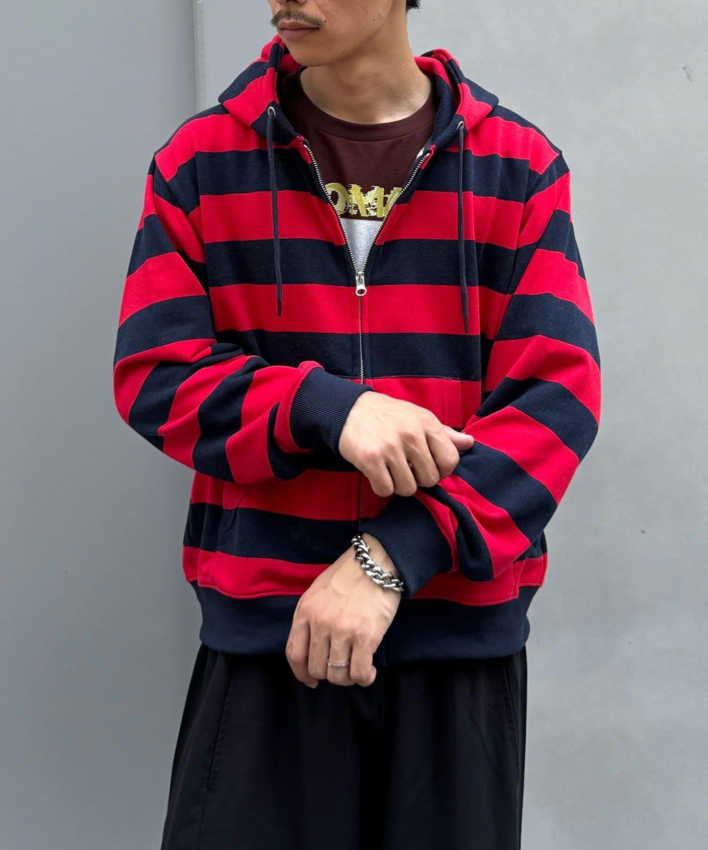 條紋雙拉鍊連帽衛衣