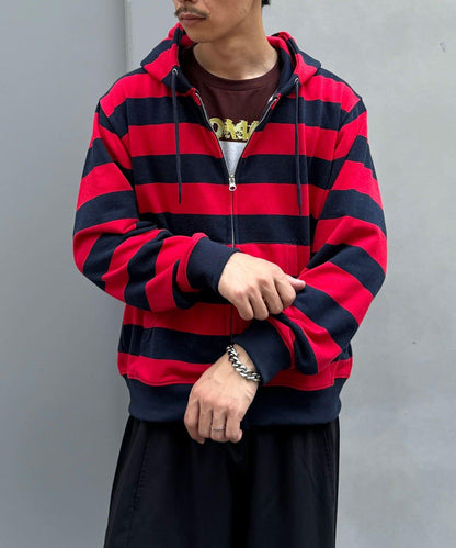 條紋雙拉鍊連帽衛衣