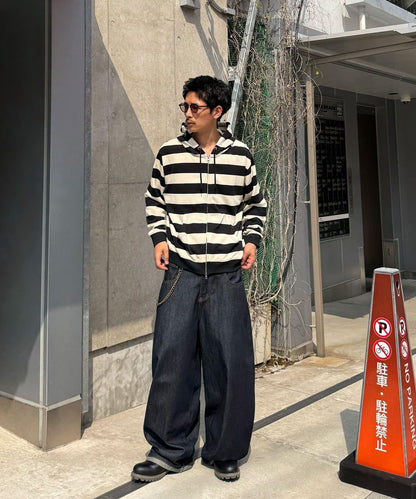 條紋雙拉鍊連帽衛衣