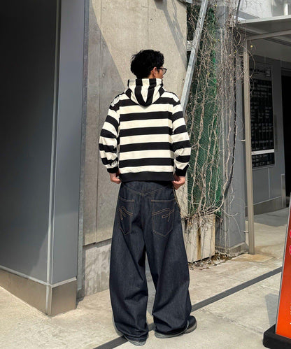 條紋雙拉鍊連帽衛衣