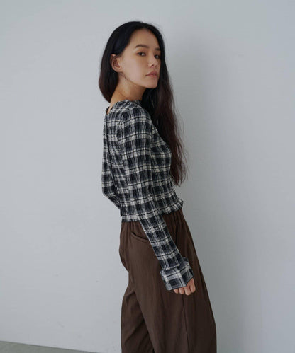 格紋抽褶襯衫