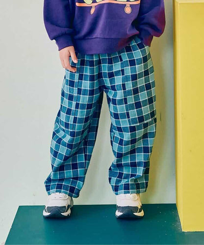 法蘭絨格紋寬鬆直筒褲