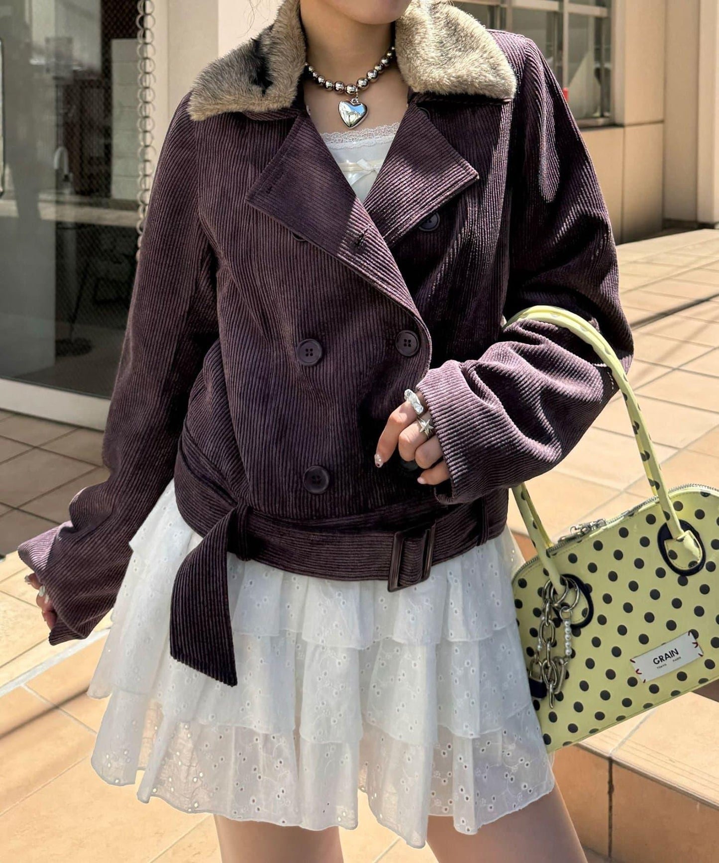 雙排扣燈芯絨毛領夾克