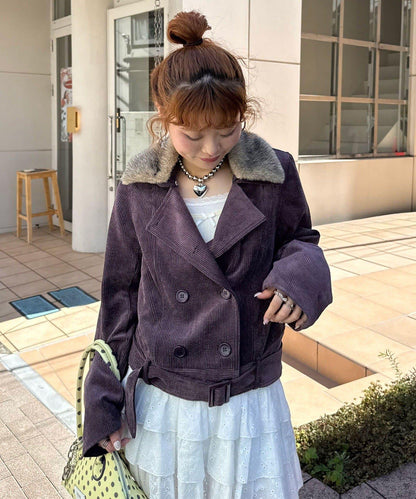 雙排扣燈芯絨毛領夾克