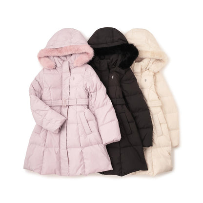 【商品】 潑水防汙可機洗 仿皮草連帽修身長款羽絨服