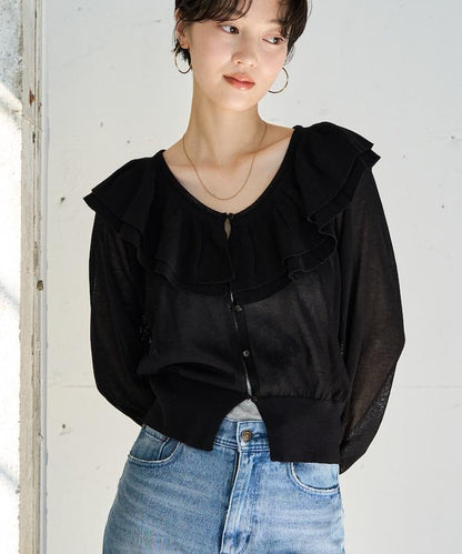 荷葉邊領 透視 紐扣 針織開衫