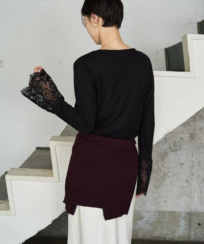 喇叭袖 蕾絲 拼接 長袖 T恤