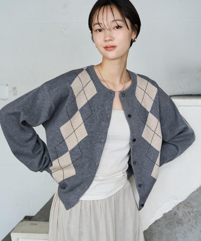 菱格提花 短款 針織 圓領 開衫