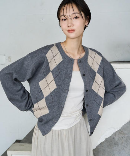 菱格提花 短款 針織 圓領 開衫
