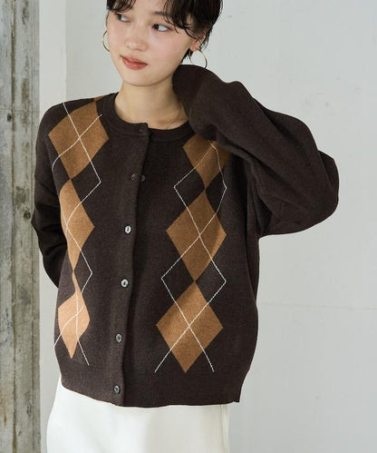 菱格提花 短款 針織 圓領 開衫