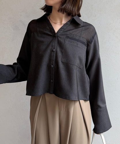 透膚拼接牛仔短襯衫