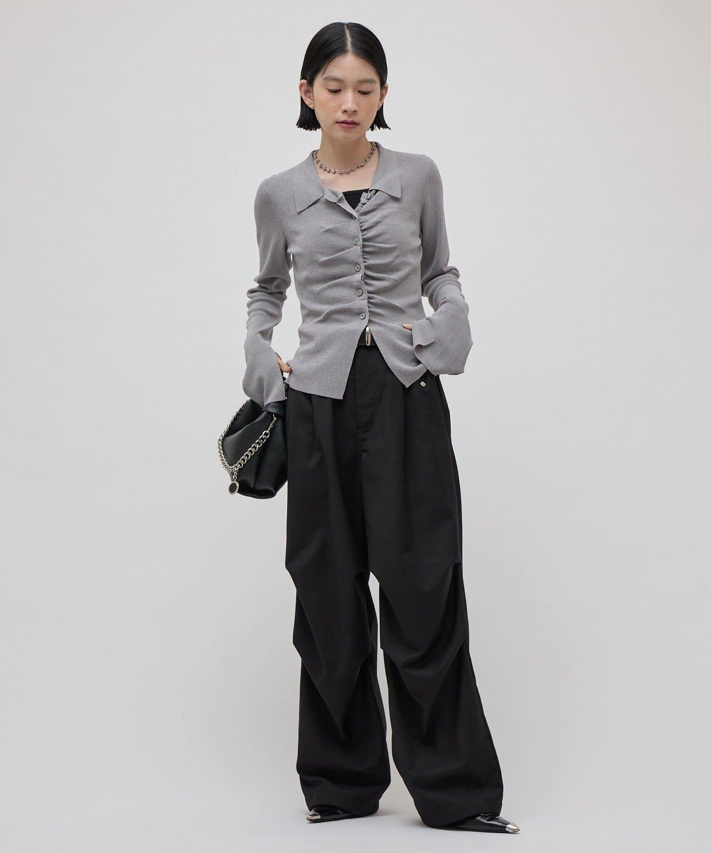 前褶皺針織襯衫套頭衫