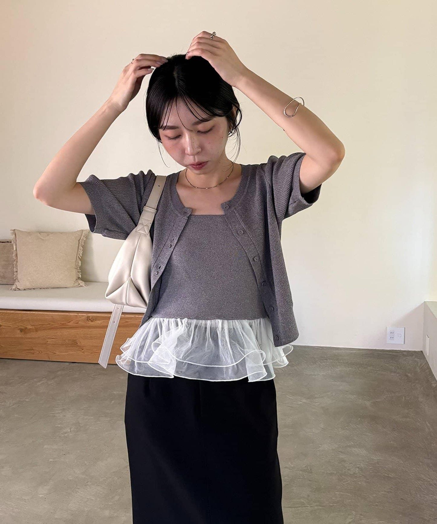 【mana企畫】收腰下襬吊帶衫套裝針織開衫