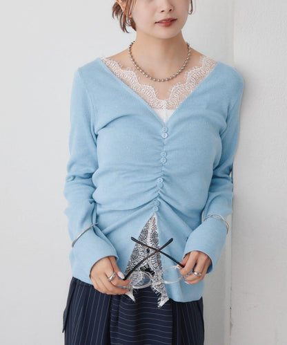 蕾絲拼接V領針織衫