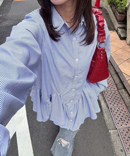 星紐扣波浪邊下襬襯衫式上衣
