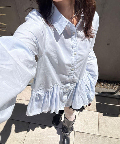 星紐扣波浪邊下襬襯衫式上衣