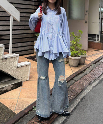 星紐扣波浪邊下襬襯衫式上衣