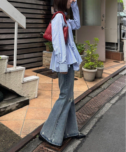 星紐扣波浪邊下襬襯衫式上衣