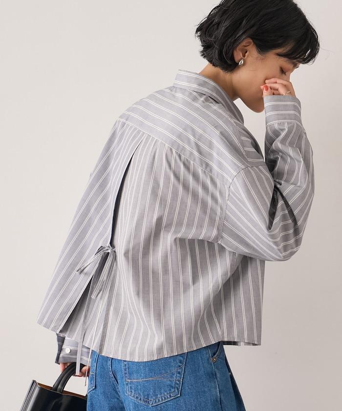 後繫帶 條紋 長袖襯衫