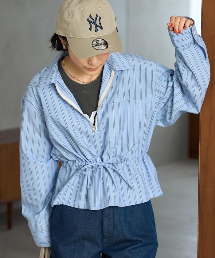 條紋 腰部蝴蝶結 半拉鍊長袖襯衫