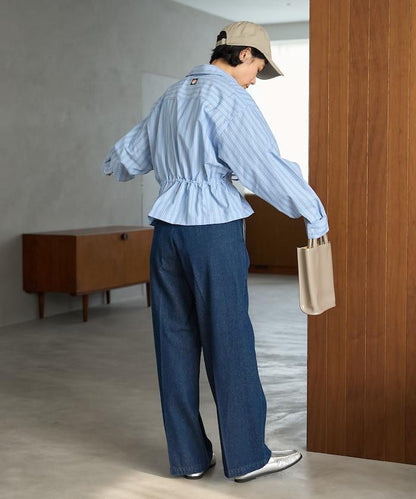 條紋 腰部蝴蝶結 半拉鍊長袖襯衫