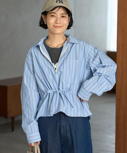 條紋 腰部蝴蝶結 半拉鍊長袖襯衫